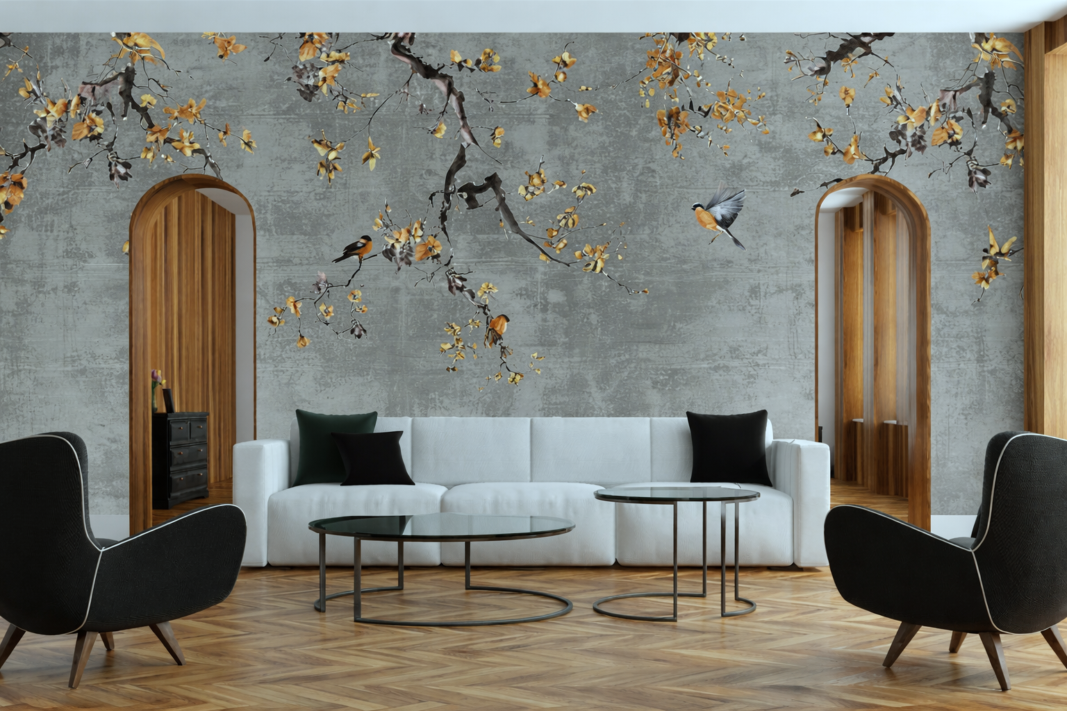 Modern living room with a decorative wall mural featuring floral branches and birds.