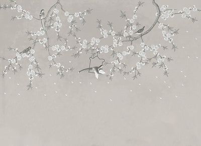 Cherry blossom branch with birds on a light gray background