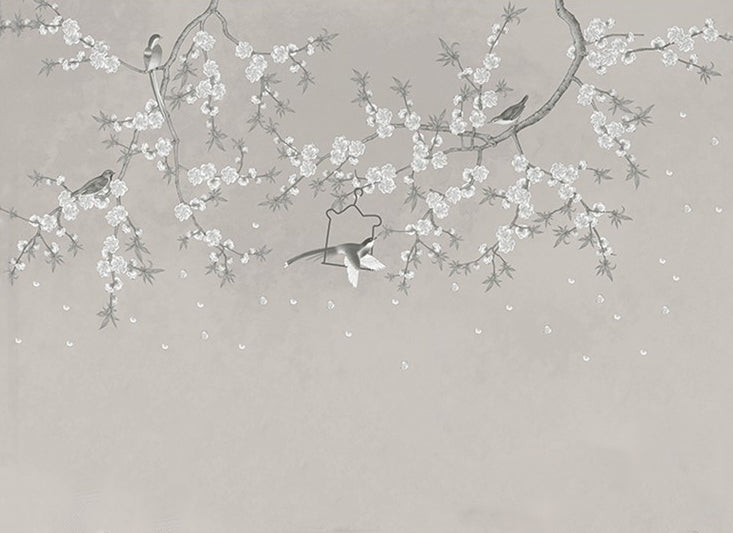 Cherry blossom branch with birds on a light gray background