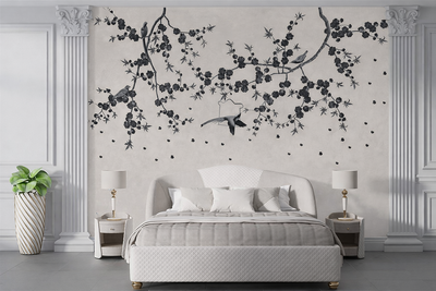Bedroom with floral wall decal and modern decor