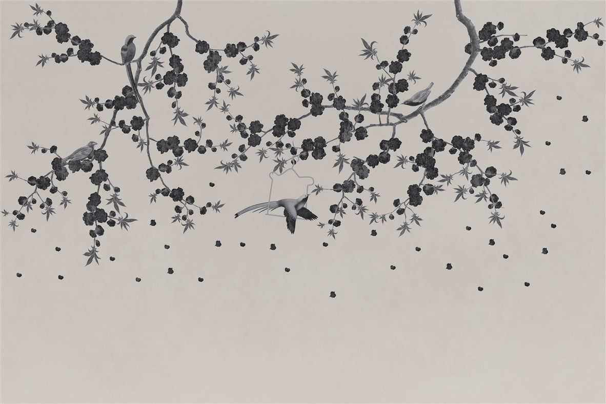 Ink painting of birds perched on branches with leaves and berries on a light gray background