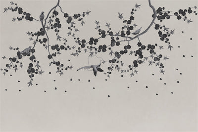 Ink painting of birds perched on branches with leaves and berries on a light gray background