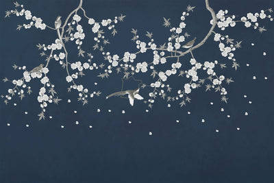 Cherry blossom branches with white flowers and birds on a dark blue background