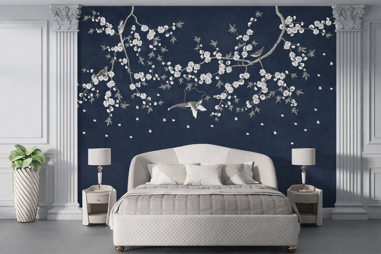 Bedroom with floral wall mural on a dark blue wall