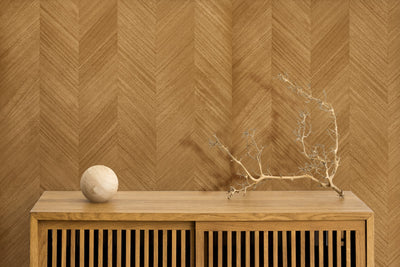 Golden Grain wood-effect wall panel styled in a modern interior