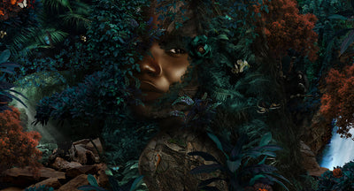 A surreal digital artwork of a woman's face emerging from dense tropical jungle foliage, with trees, plants, rocks, and a waterfall in a dark, moody composition.