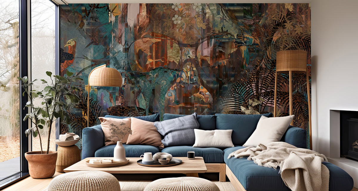 A styled living room featuring a large, detailed abstract wall mural in earthy teal, brown, and gold tones behind a blue sectional sofa. The room is decorated with three woven round poufs, a light wood coffee table, a beige throw blanket, and modern floor lamps.