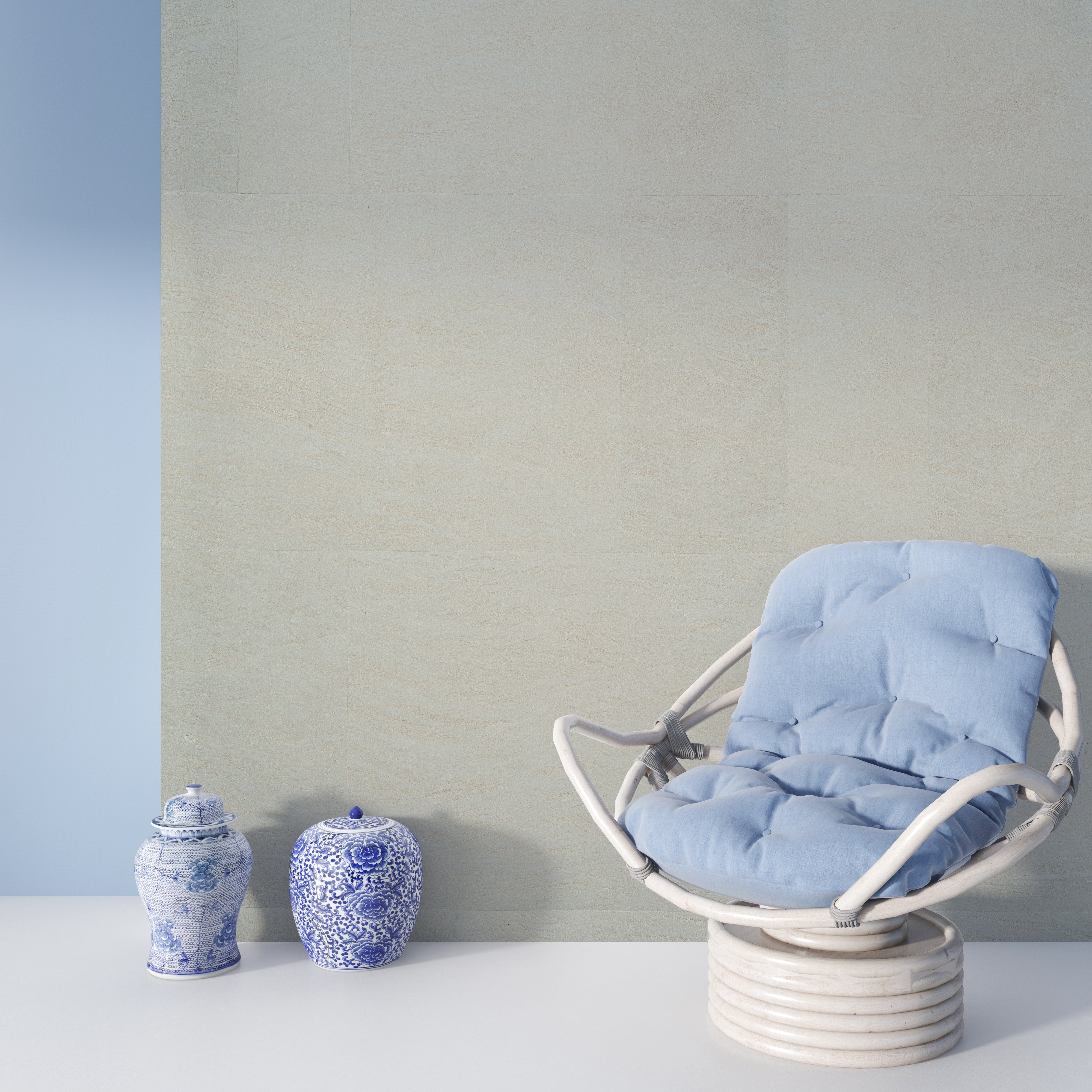 Mellow Wash textured grasscloth wallcovering styled in a modern interior