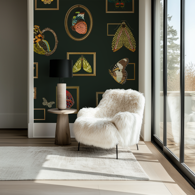 Modern living room with a white fur chair, dark green wall with butterfly art, and large window.