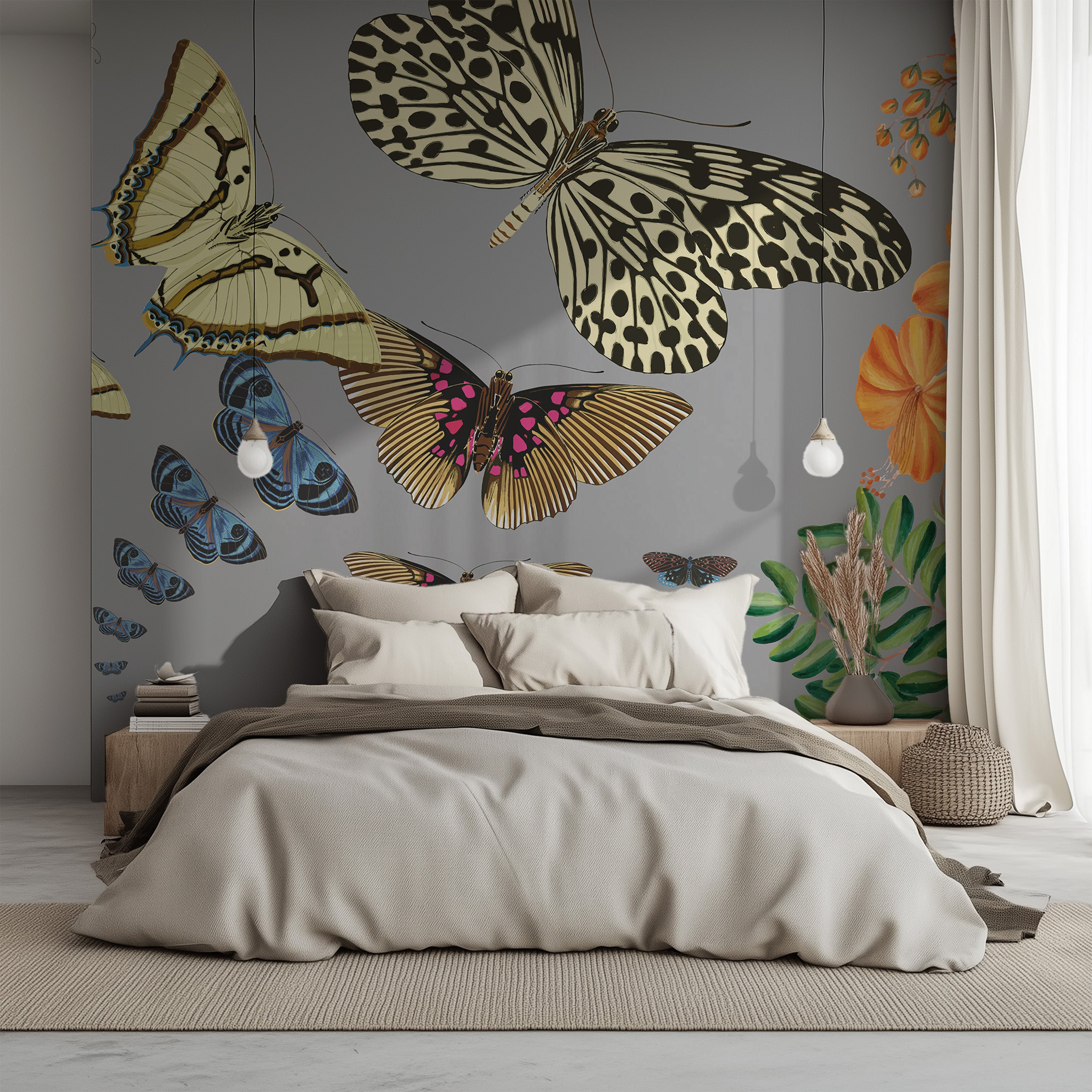 Bedroom with butterfly wall art and decorative plants