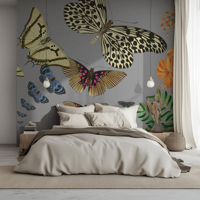 Bedroom with butterfly wall art and decorative plants