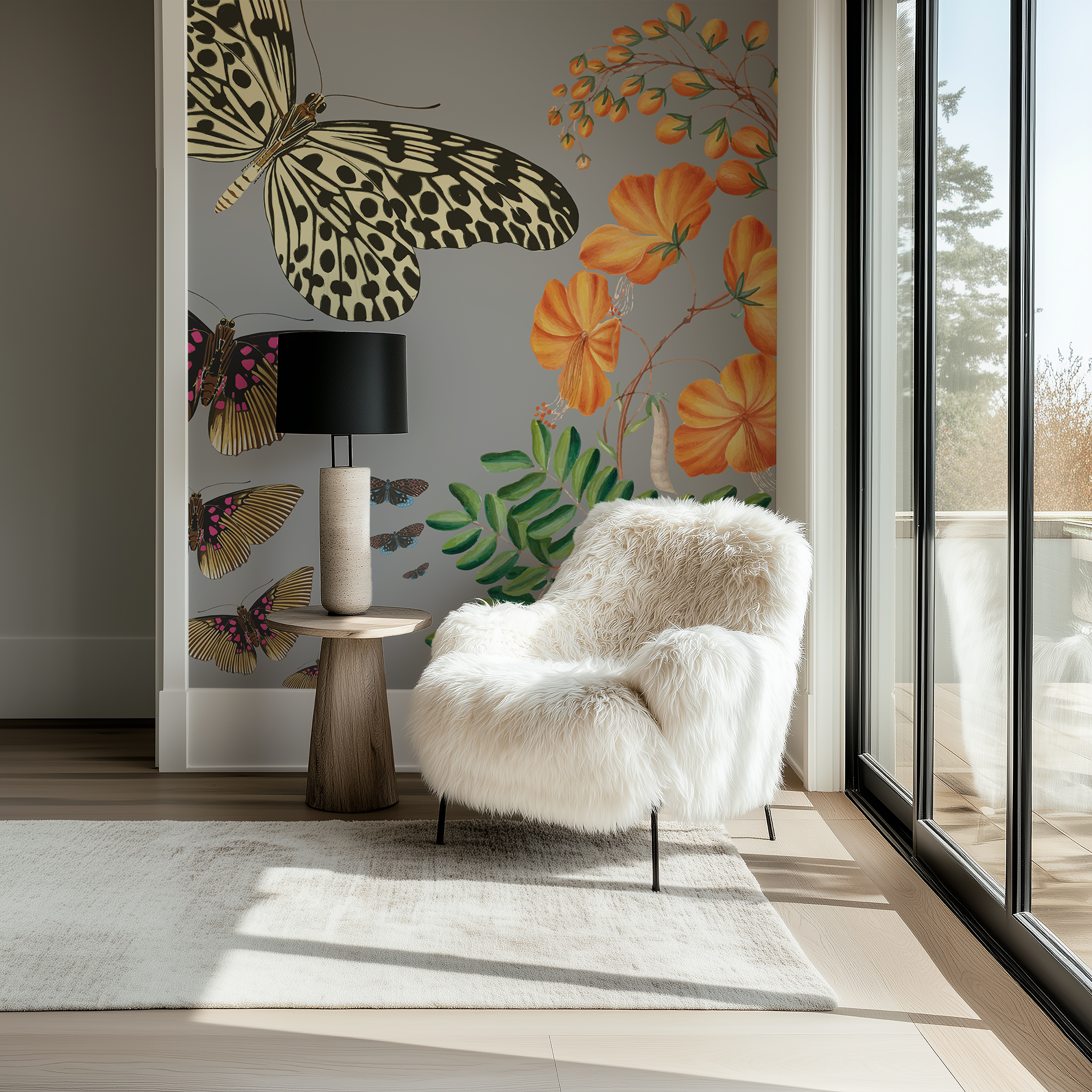Modern living room with a white fur chair, decorative wall art, and large windows.