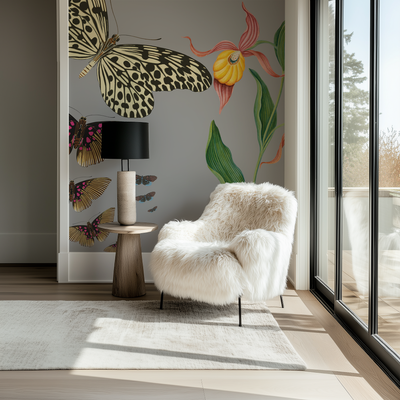 Modern interior with a white fur chair, side table, and decorative wall art.