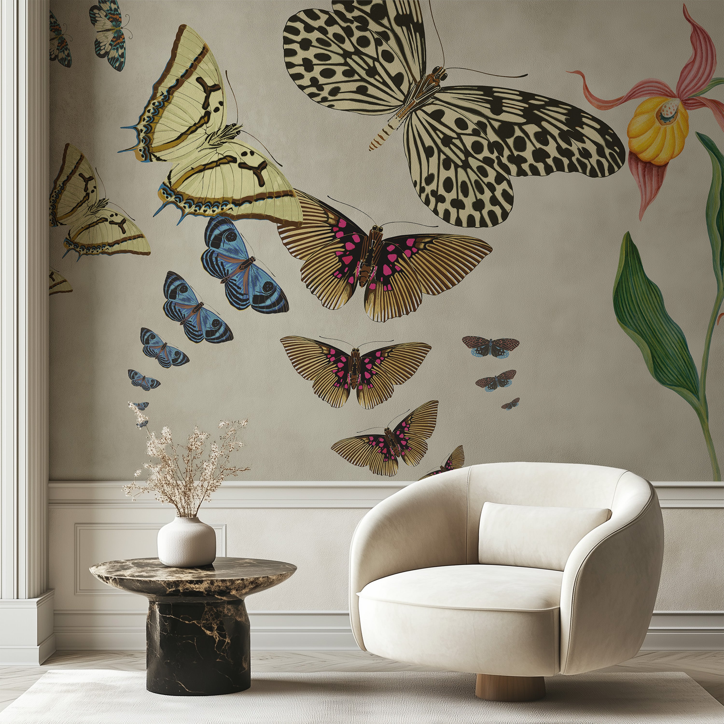 Orchid Muse - Soft Ivory Art Deco butterfly wall mural styled in a modern interior
