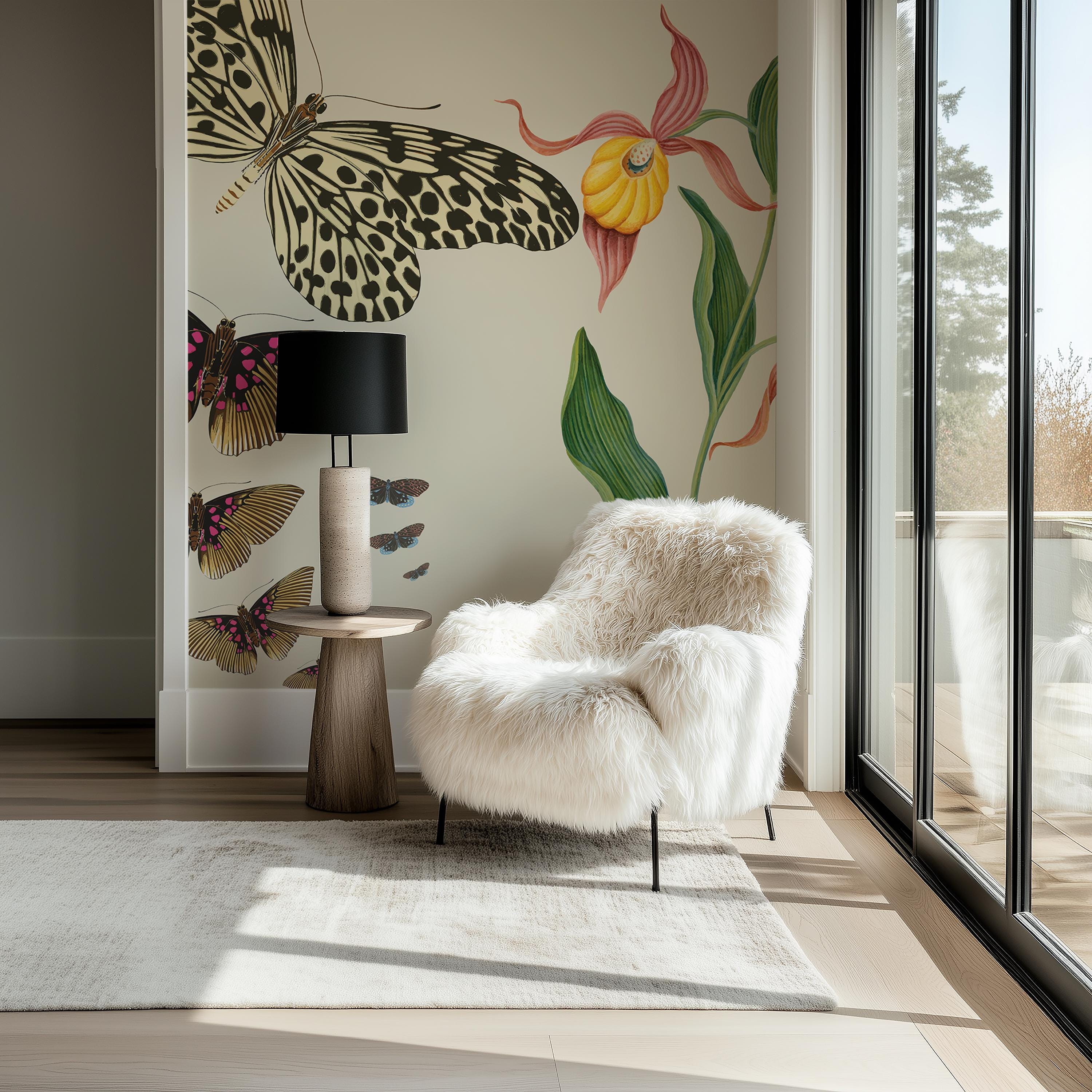 Orchid Muse - Soft Ivory Art Deco butterfly wall mural – in a contemporary room setting