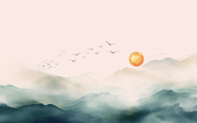 Surreal landscape with mountains, sun, and birds in soft pastel colors
