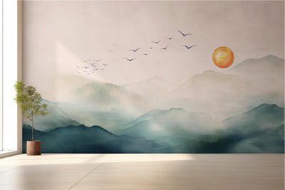 Wall mural of a scenic landscape with mountains, trees, and birds.