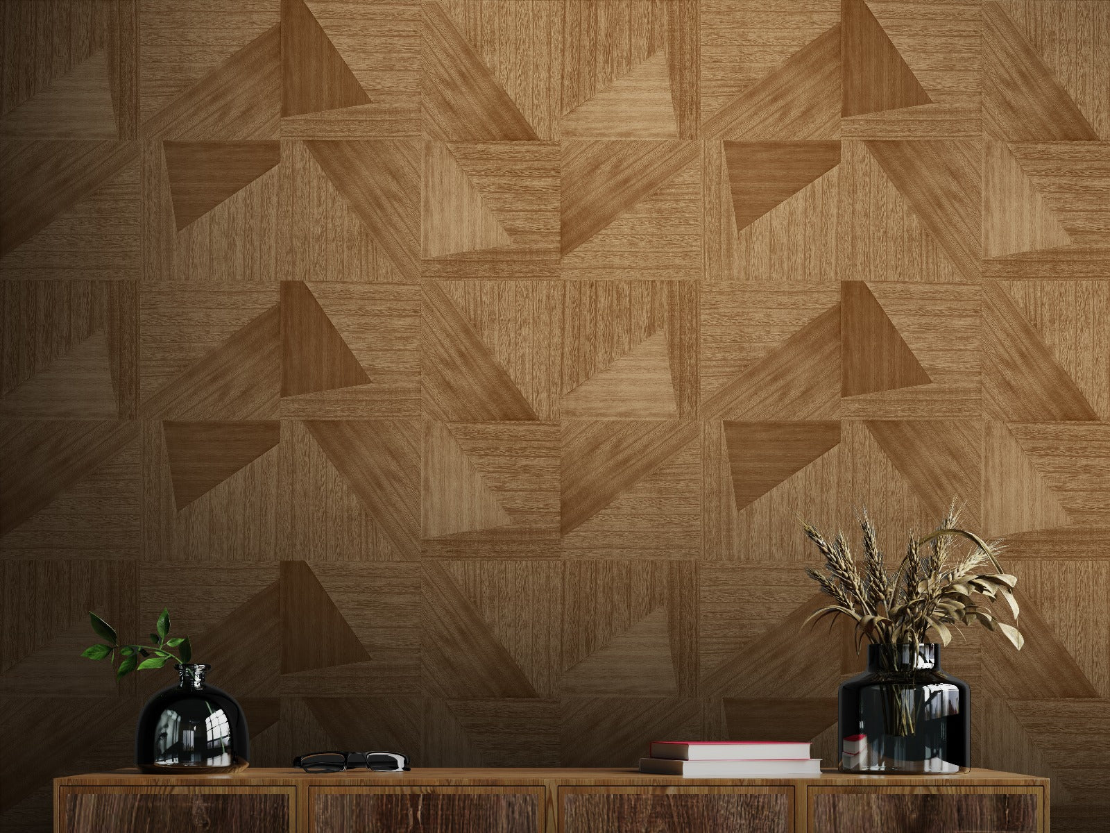 Rustic Angle wood-effect wall panel styled in a modern interior