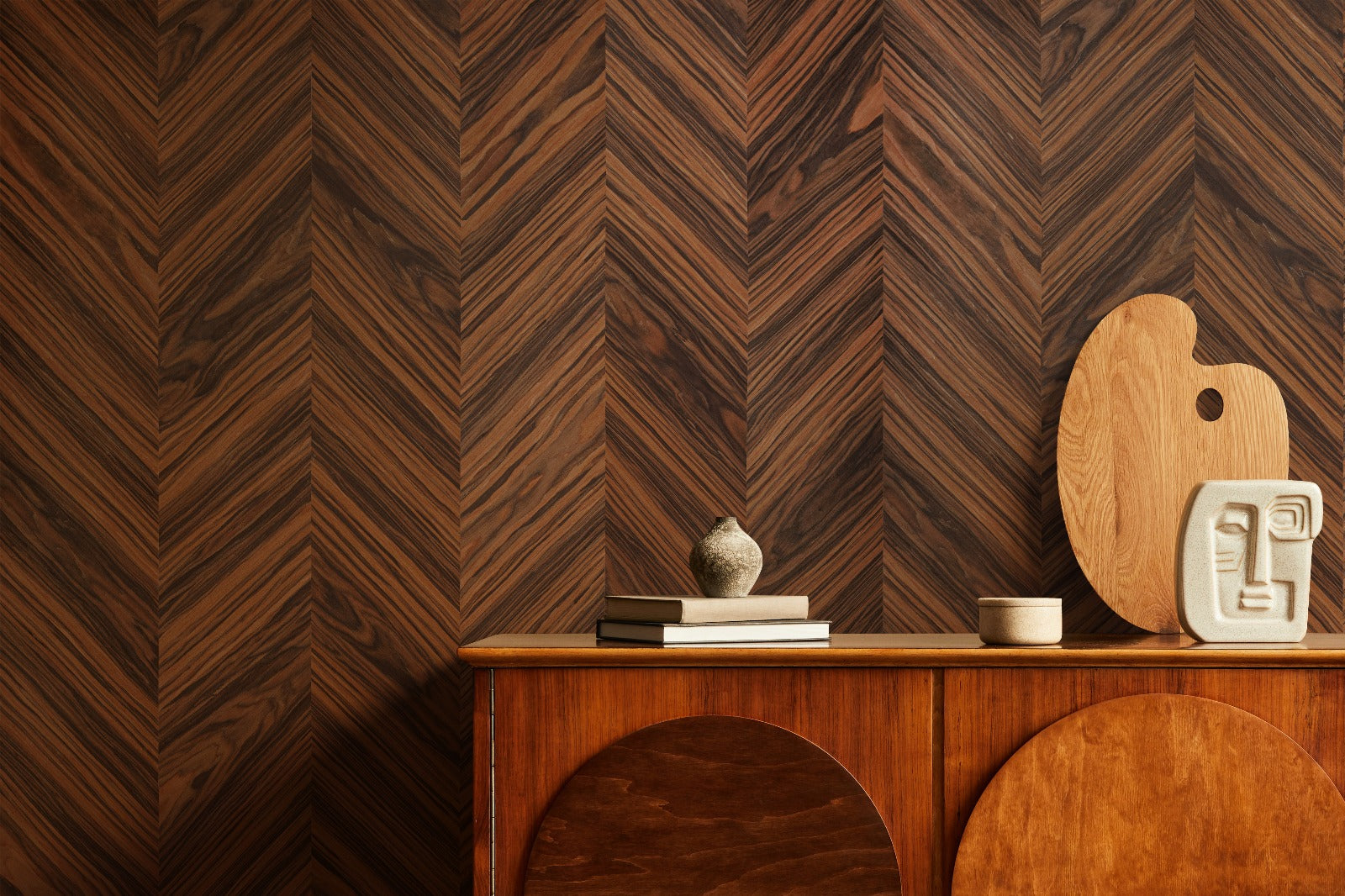 Sable Chevron wood-effect wall panel styled in a modern interior