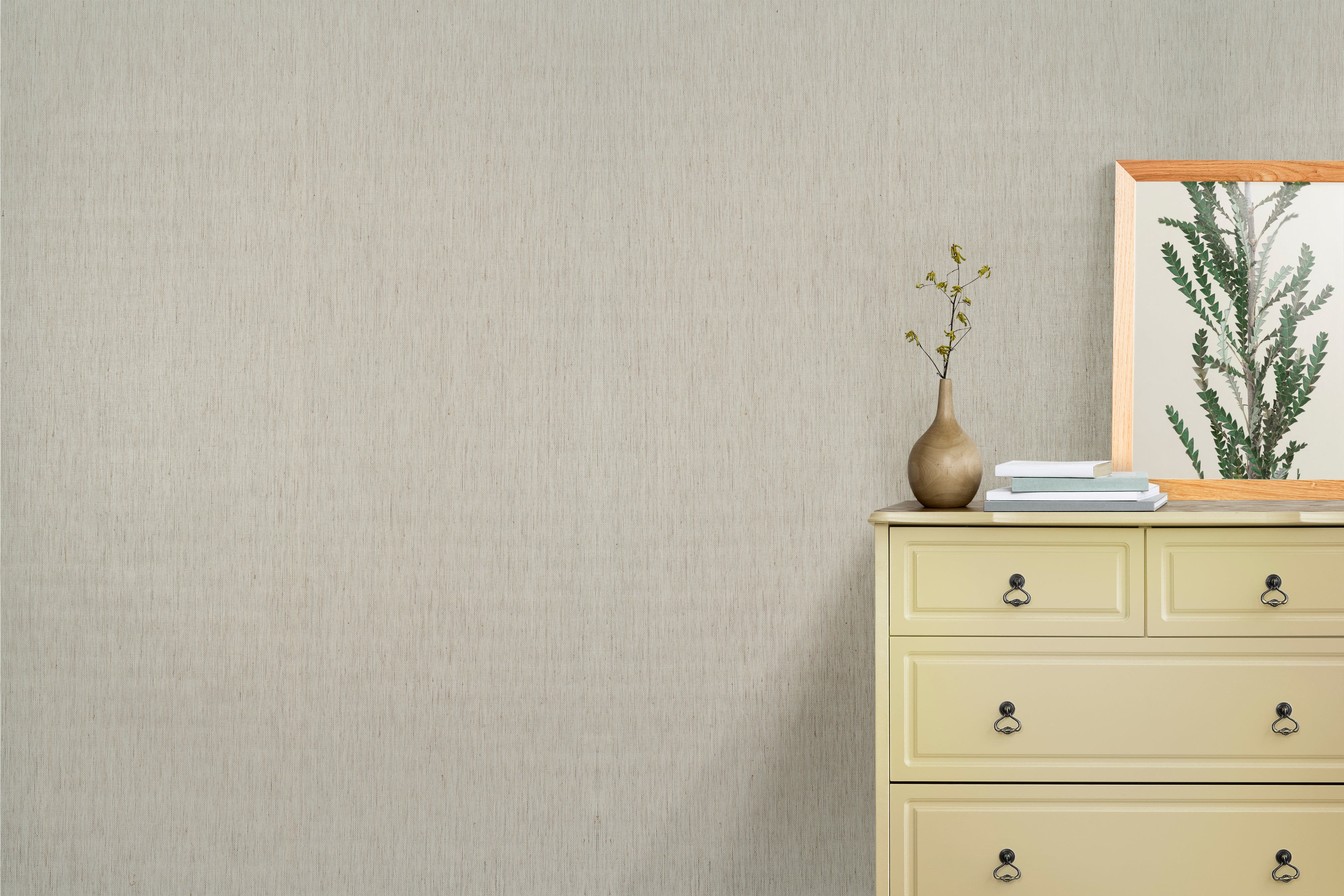 Serene Grain textured grasscloth wallcovering styled in a modern interior