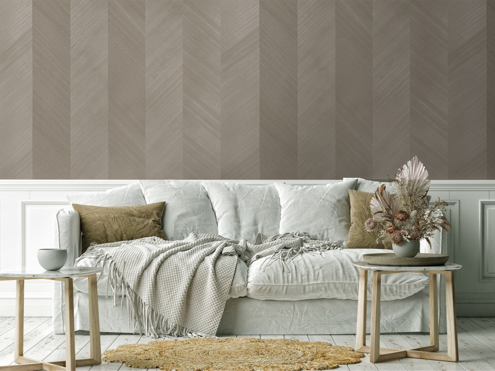 Silver Grain wood-effect wall panel styled in a modern interior