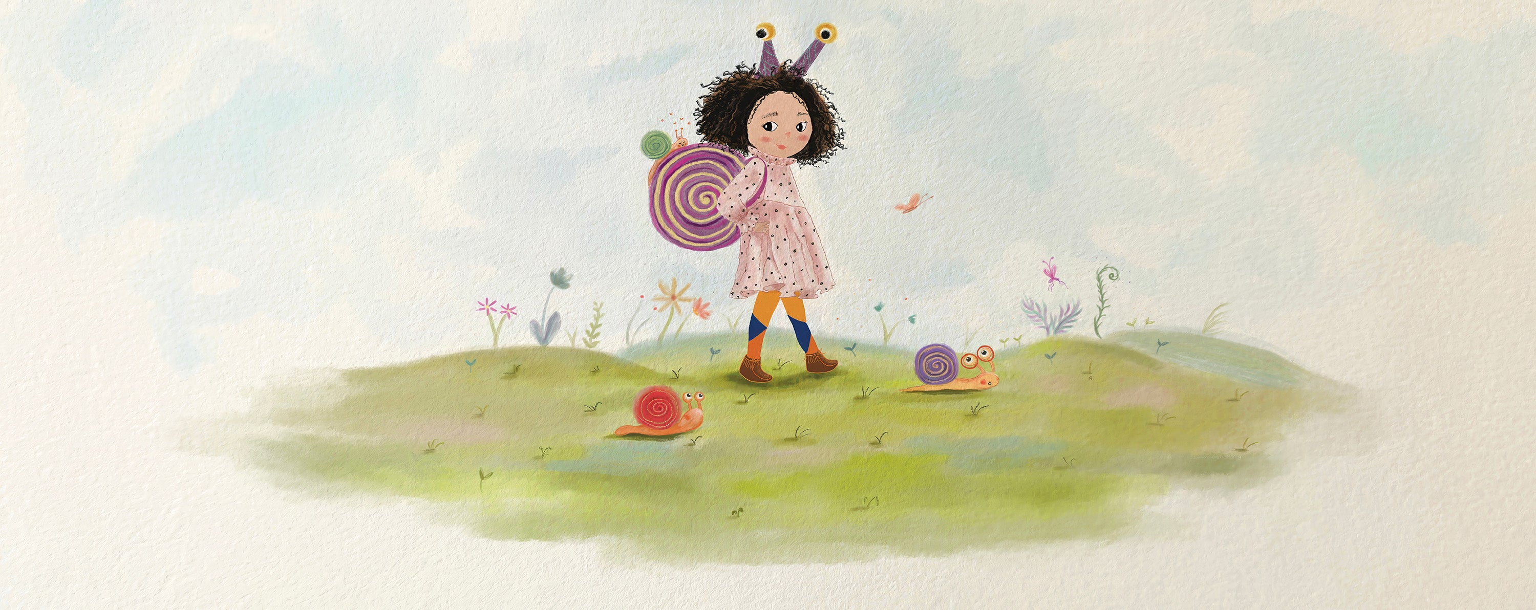 Illustration of a girl with a lollipop standing on a grassy hill with flowers and animals.