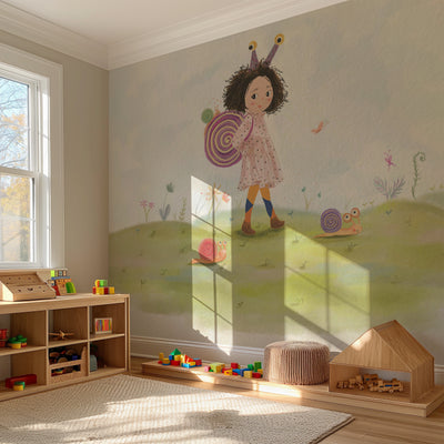 Children's room with wall mural of a girl with a snail shell and toys on a wooden floor.