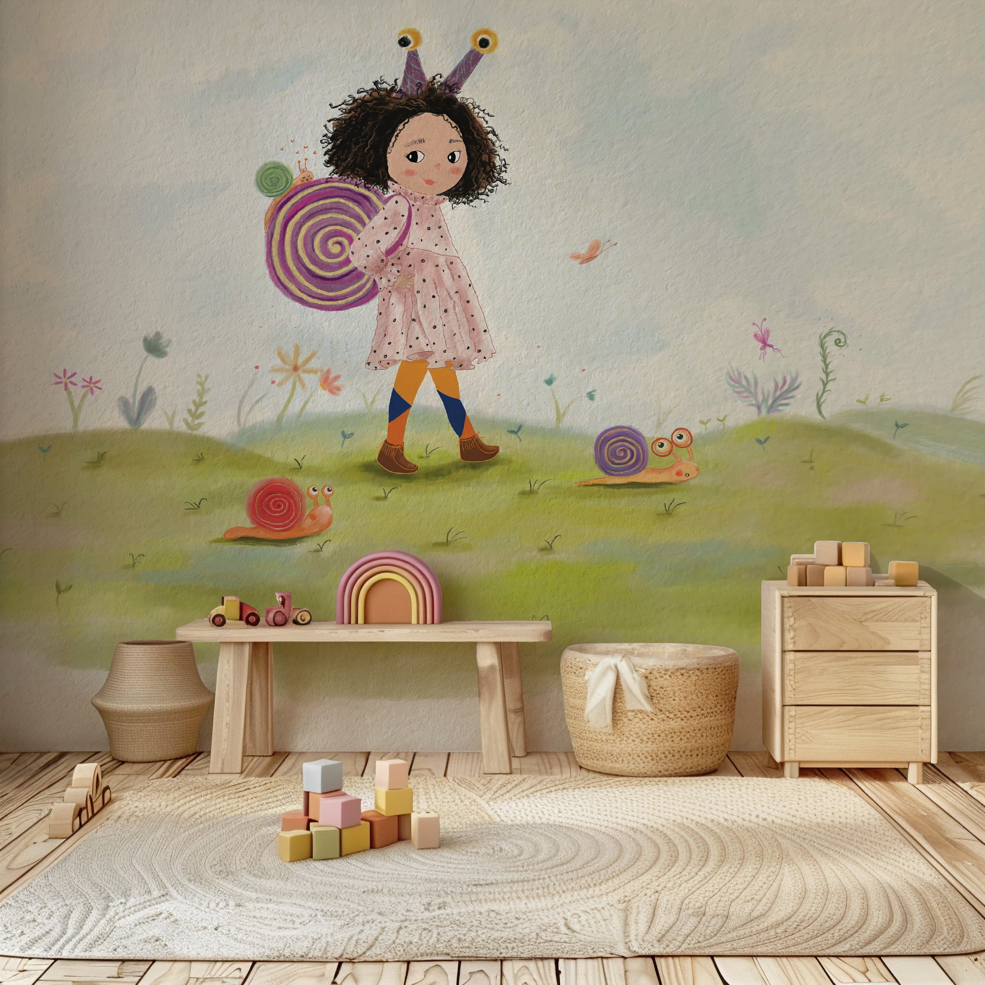 Children's room with a wall mural of a girl with butterfly wings and snails, wooden furniture, and toys.