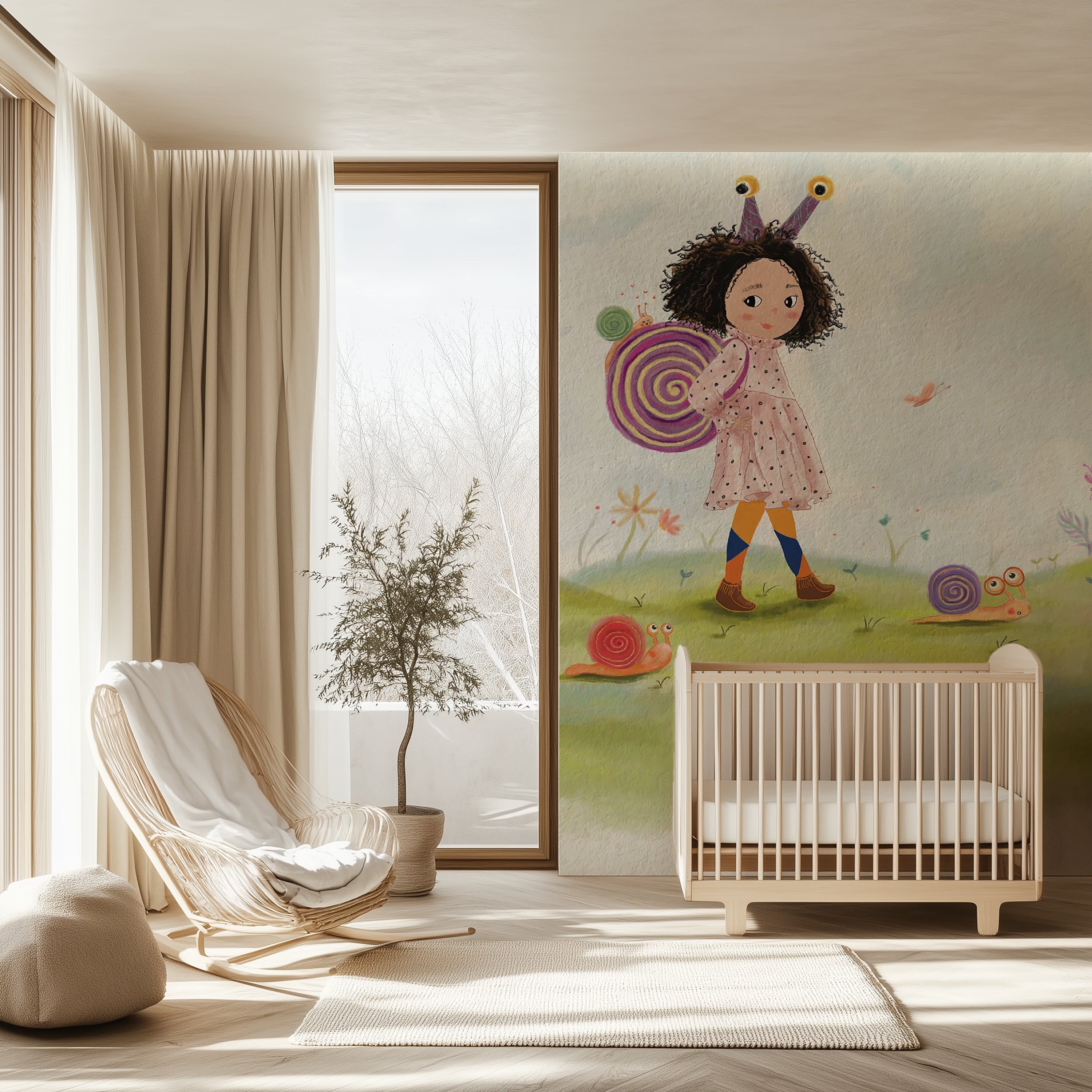 Children's room with a crib, wall mural of a girl with a snail, and a chair.