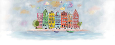 Colorful cartoon-style cityscape with buildings and boats on a watercolor background