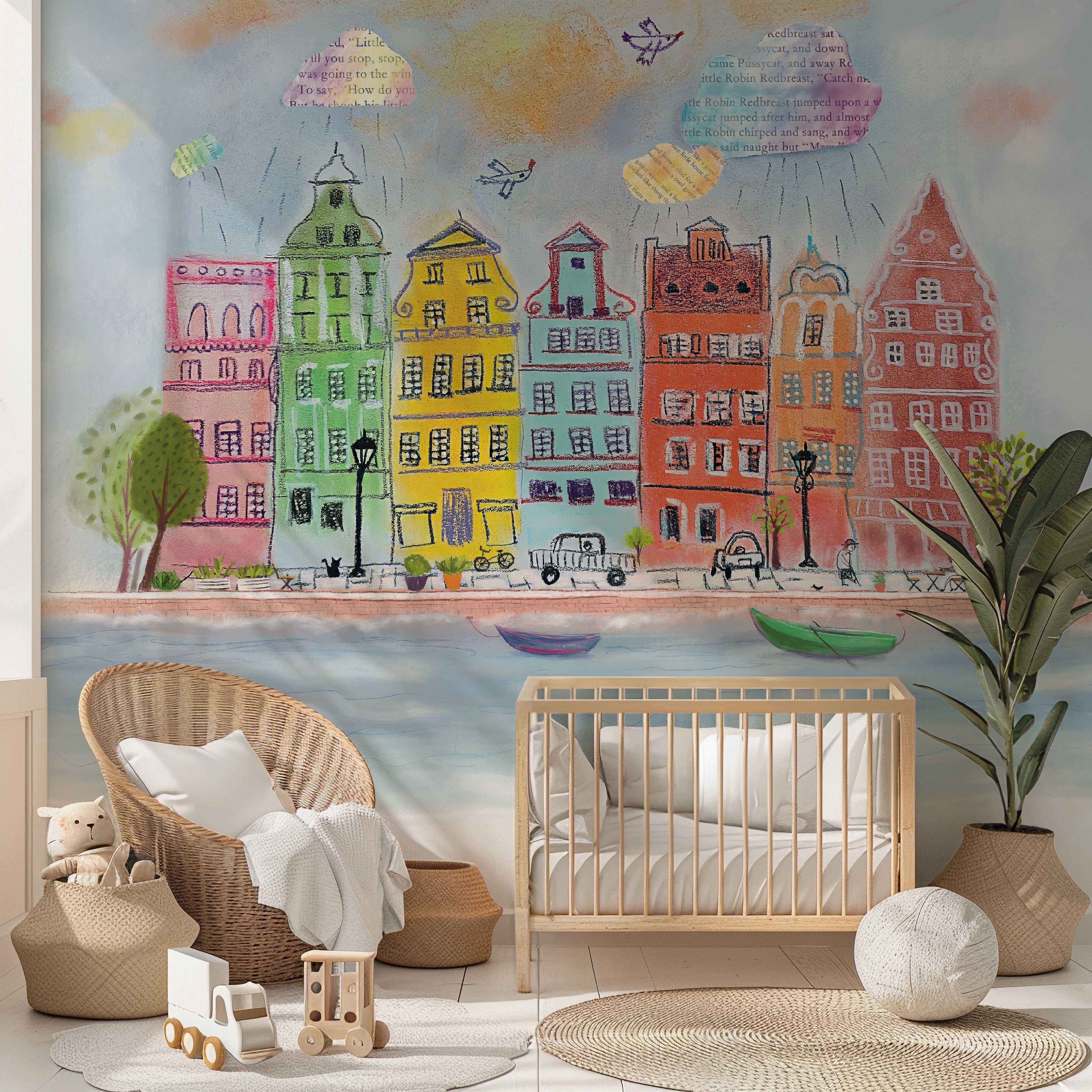Children's room with colorful mural of buildings and a crib.