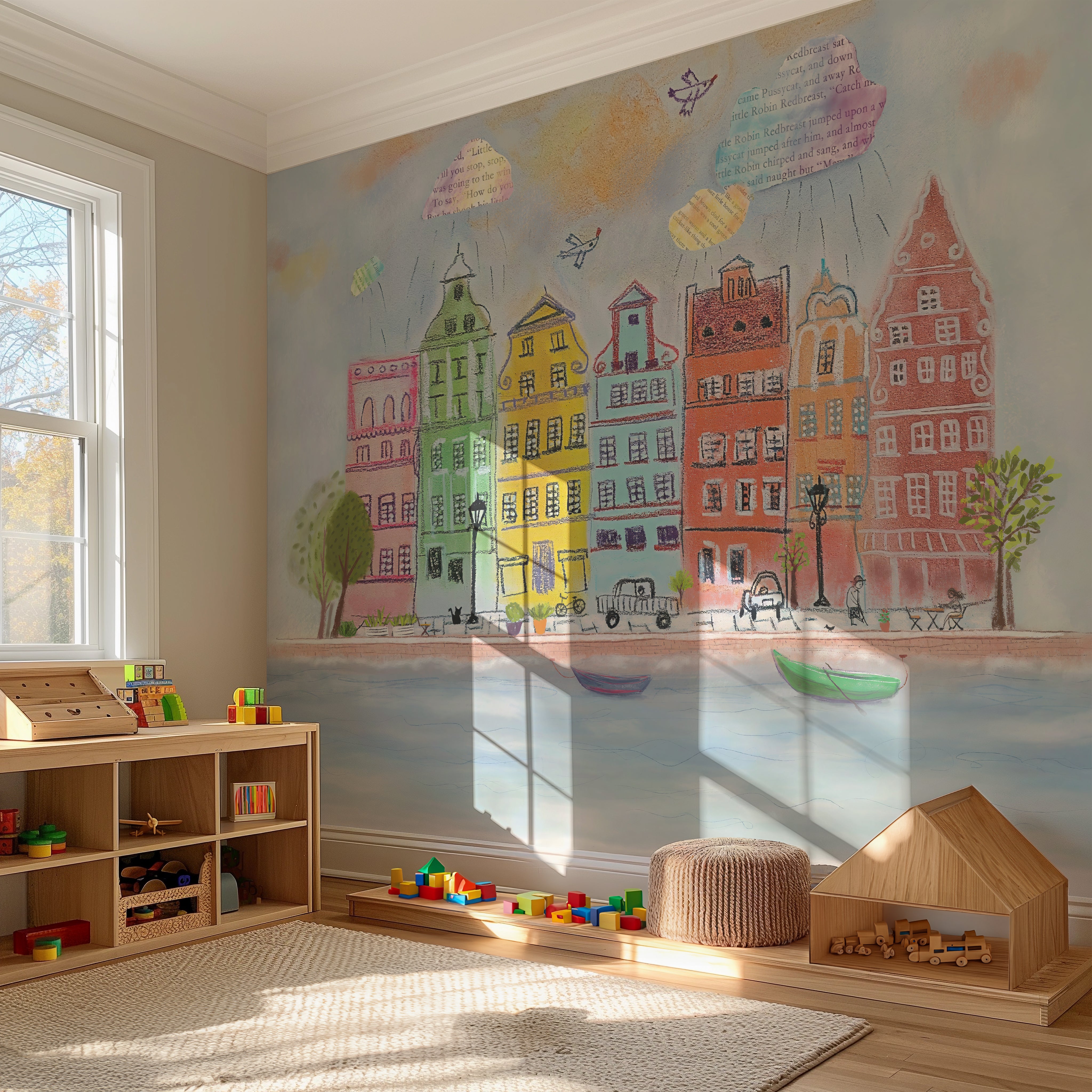 Children's room with colorful mural of buildings and toys on a wooden floor.