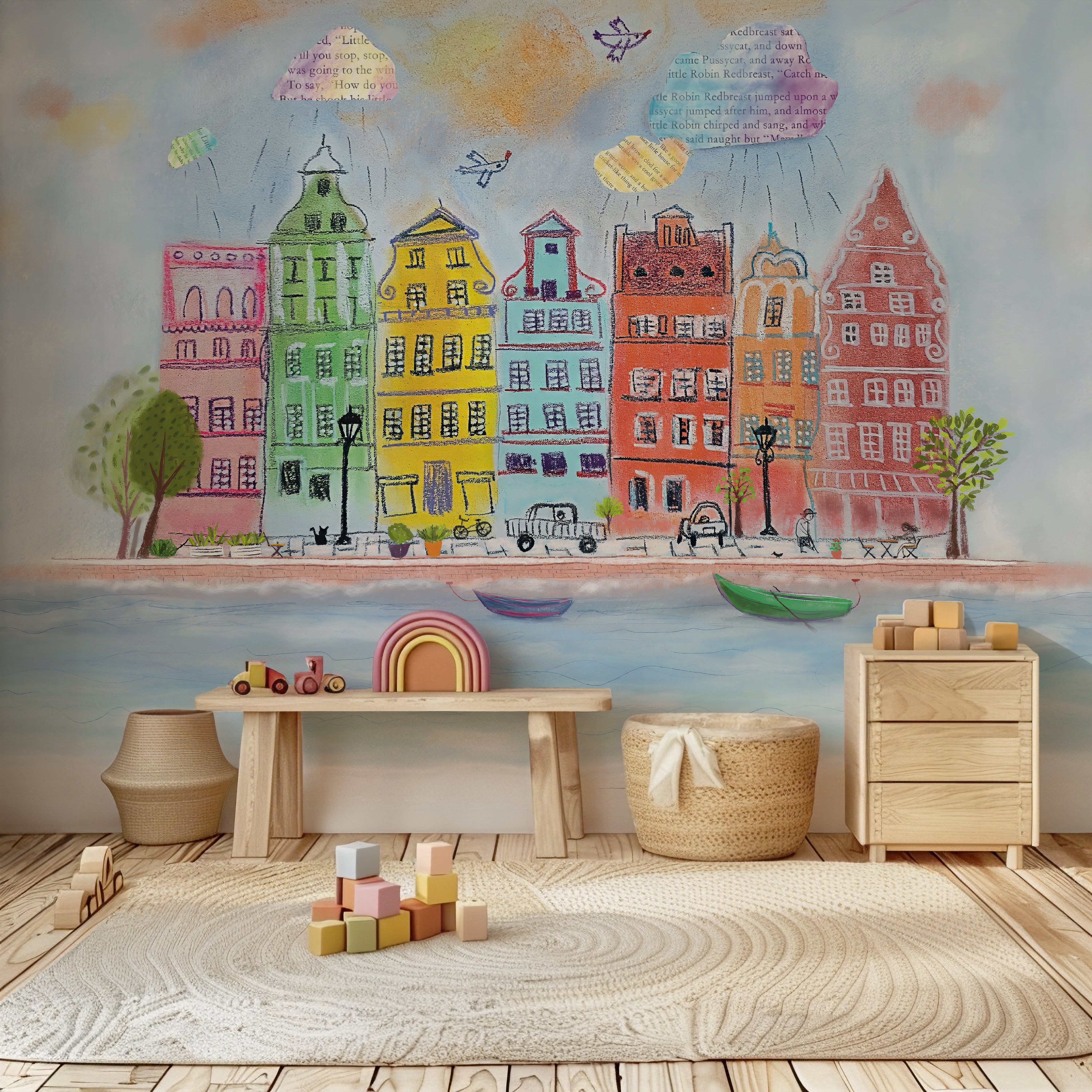 Storybook Town nursery wall mural styled in a modern interior