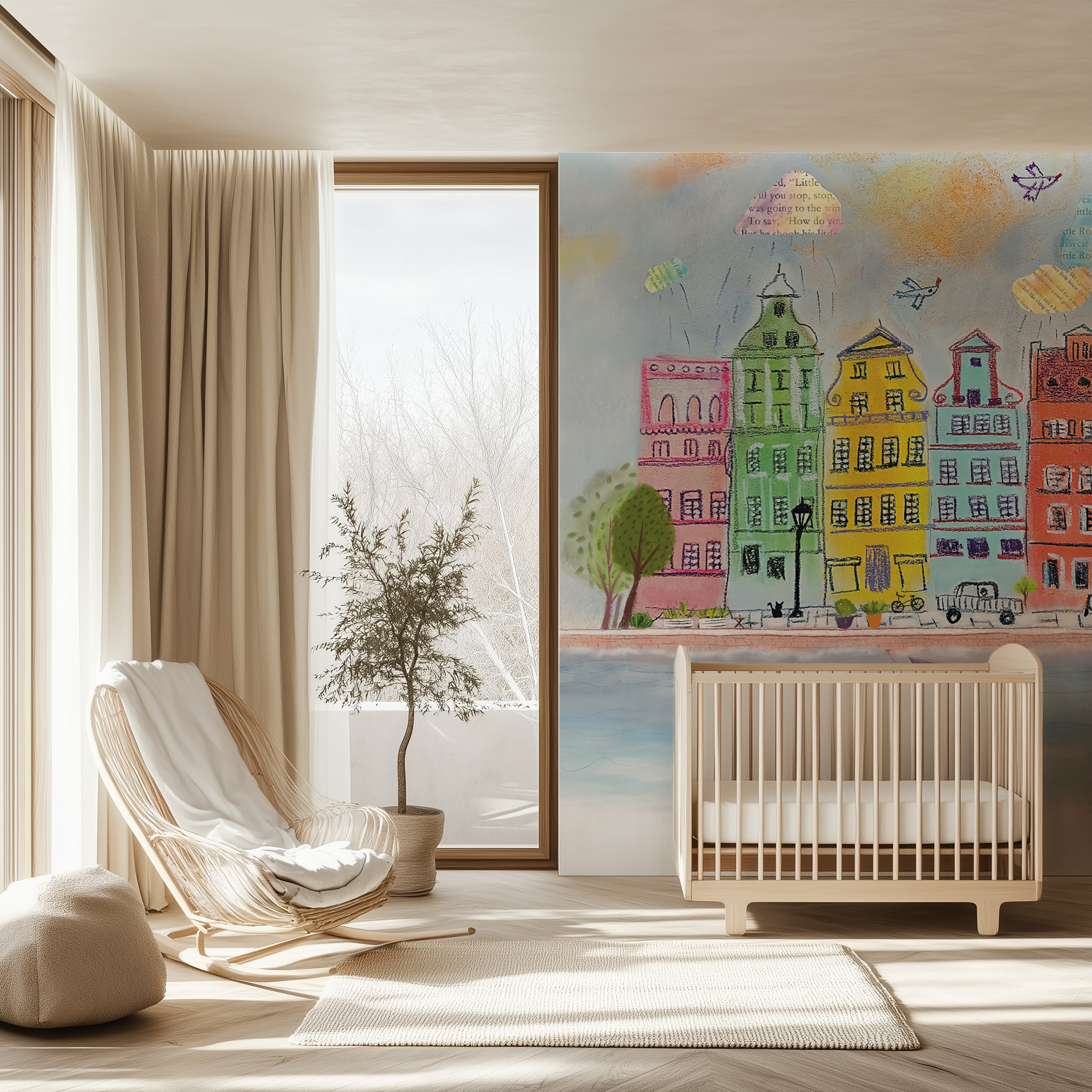 Modern nursery with a crib, chair, and colorful wall mural of buildings.