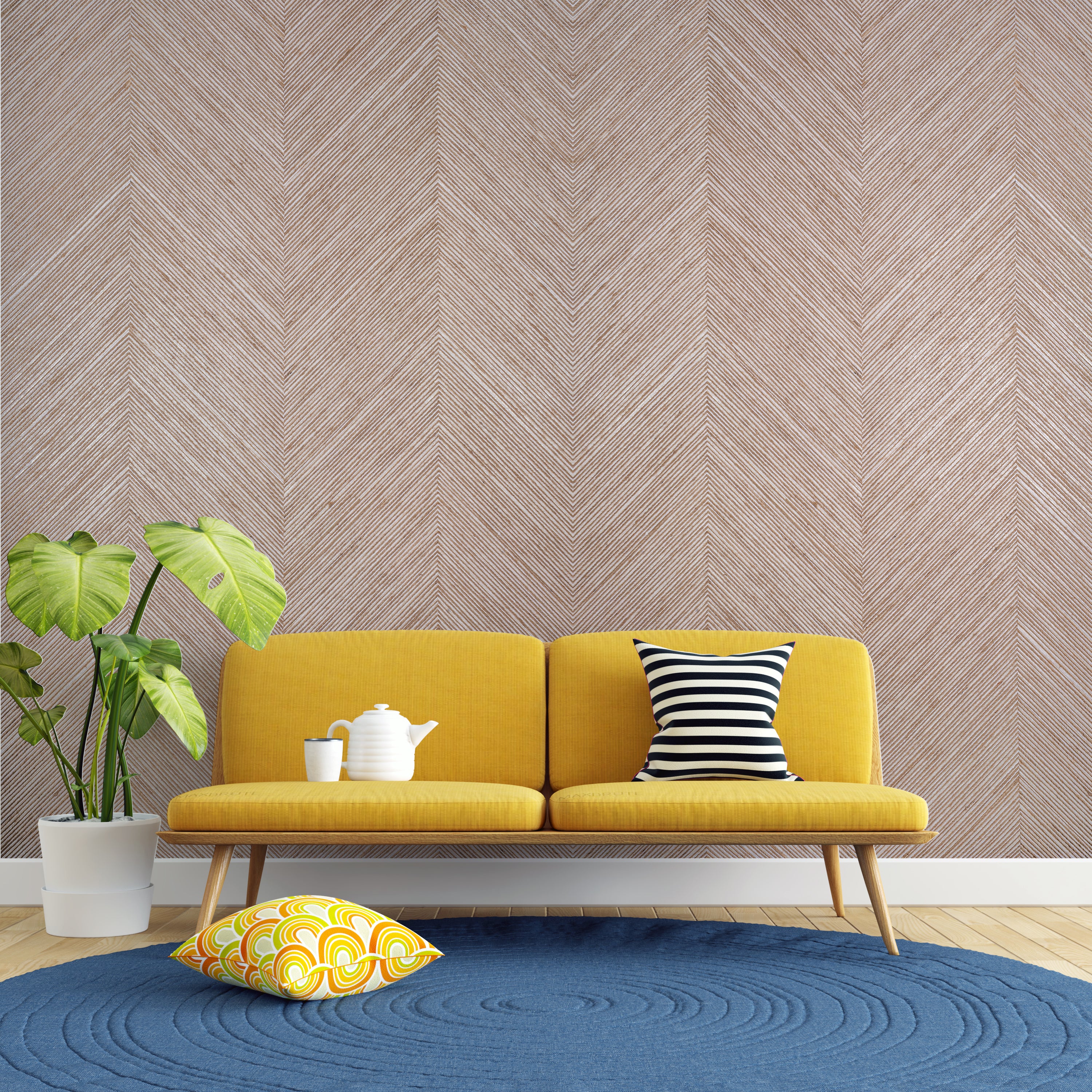 Terra Chevron textured grasscloth wallcovering styled in a modern interior