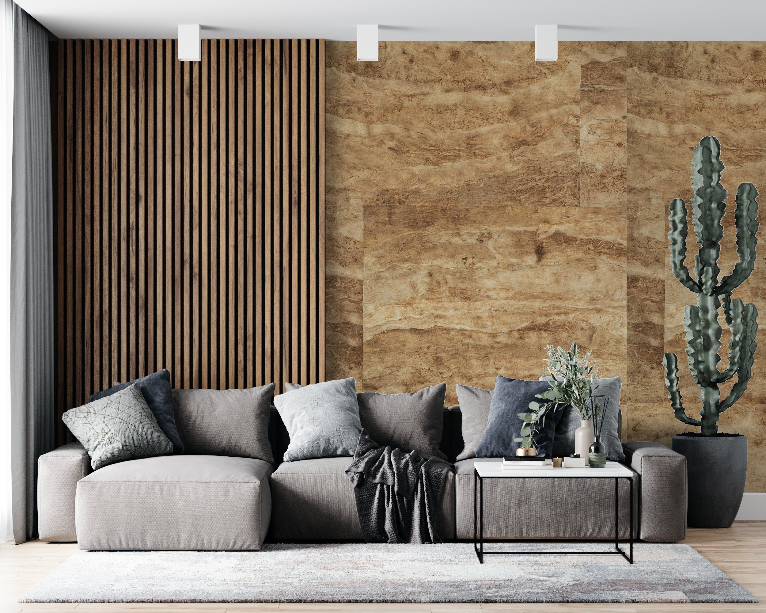 Terra Marble textured grasscloth wallcovering styled in a modern interior