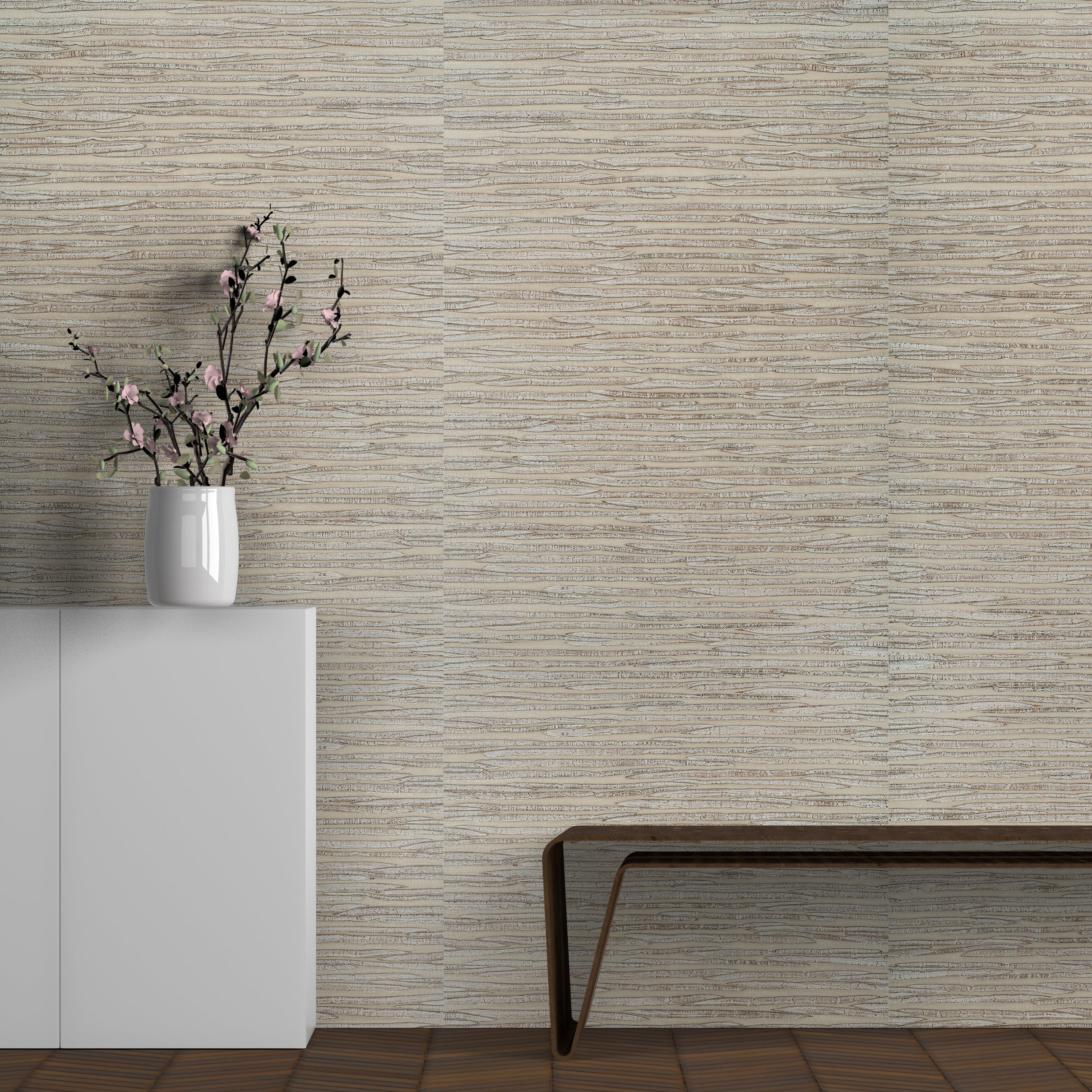 Zen Linen textured grasscloth wallcovering styled in a modern interior