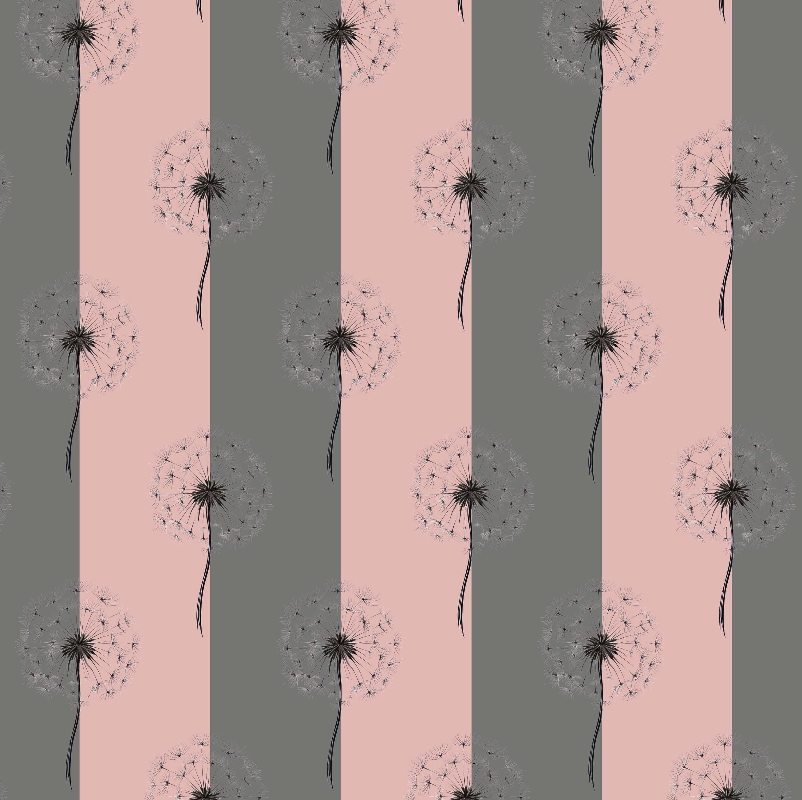 Pattern of dandelion seeds on a pink and gray striped background