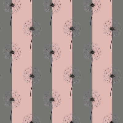 Pattern of dandelion seeds on a pink and gray striped background