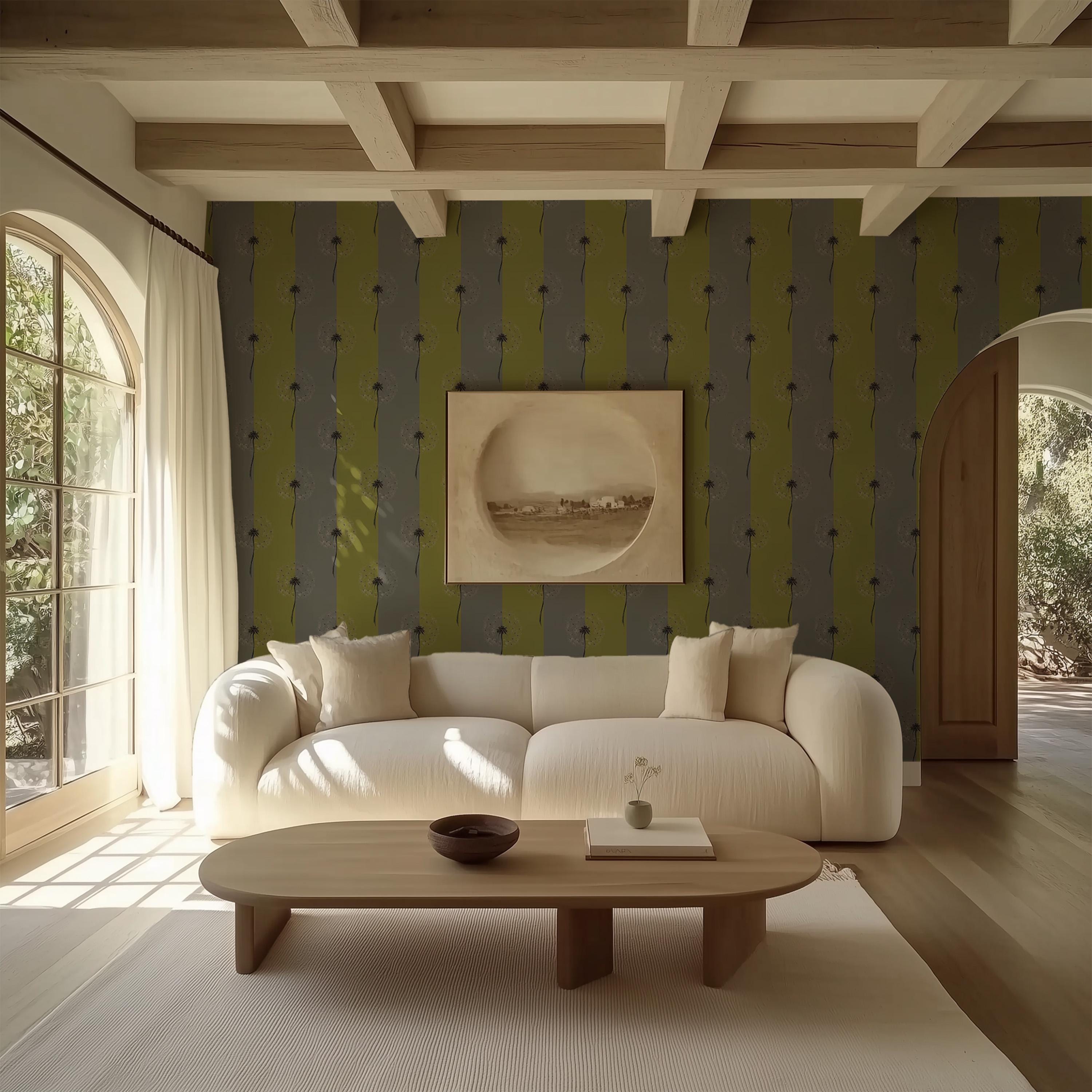 Dandelion Reverie - Olive Meadow botanical wallpaper styled in a modern interior