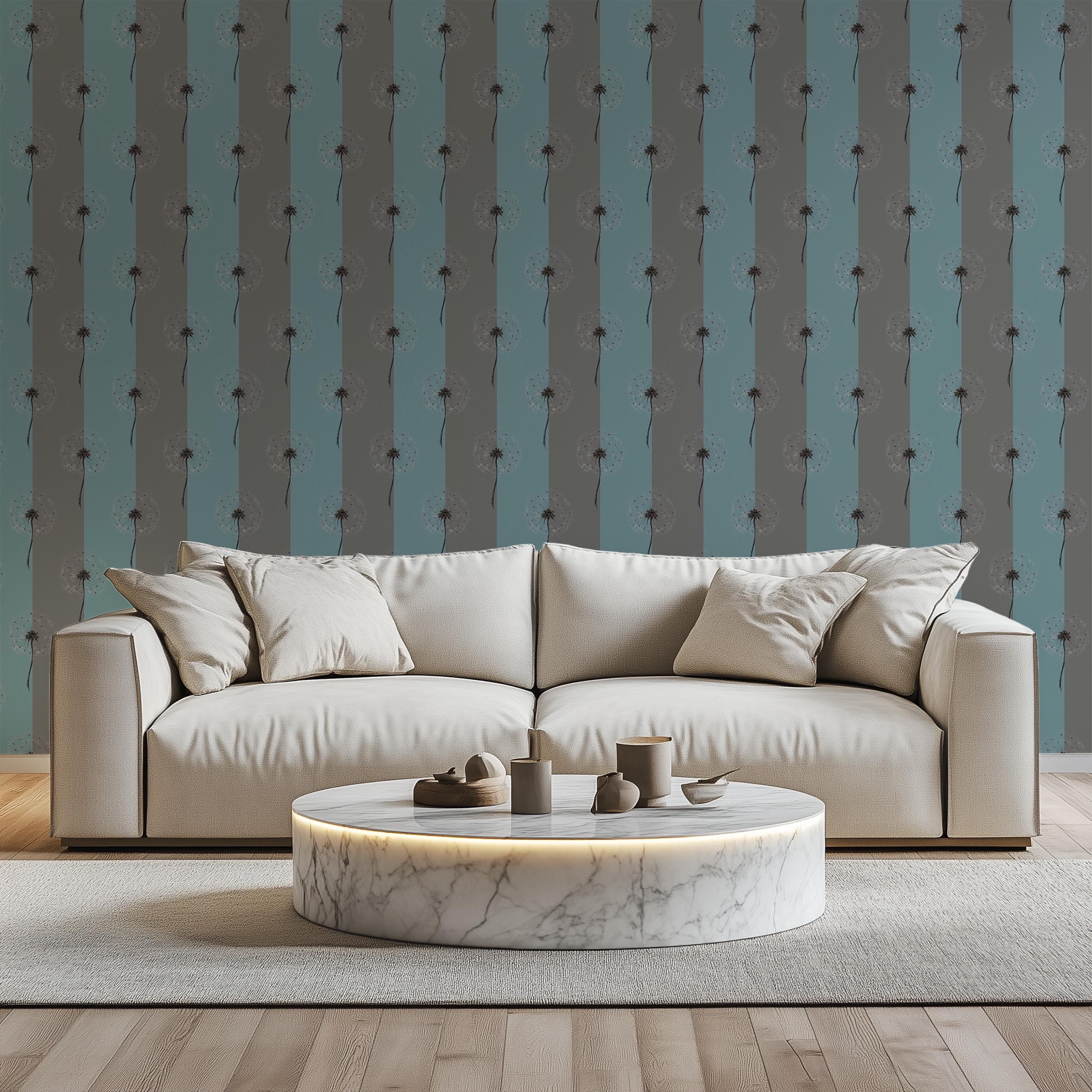 Dandelion Reverie - Mist Blue botanical wallpaper – in a contemporary room setting